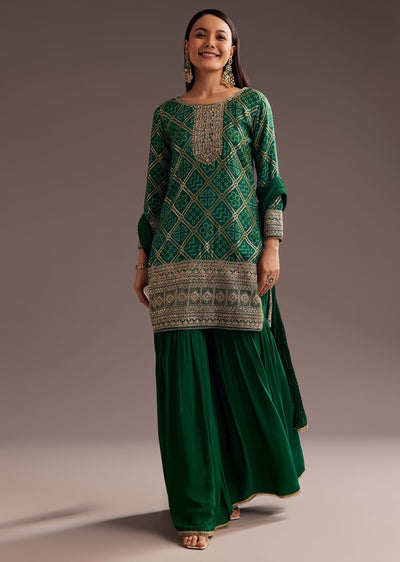 Dark Green Bandhani Zardosi Kurta Sharara Dupatta Set