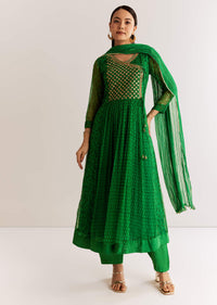 Dark Green Chiffon Angrakha Anarkali With Floral And Sequin Yoke