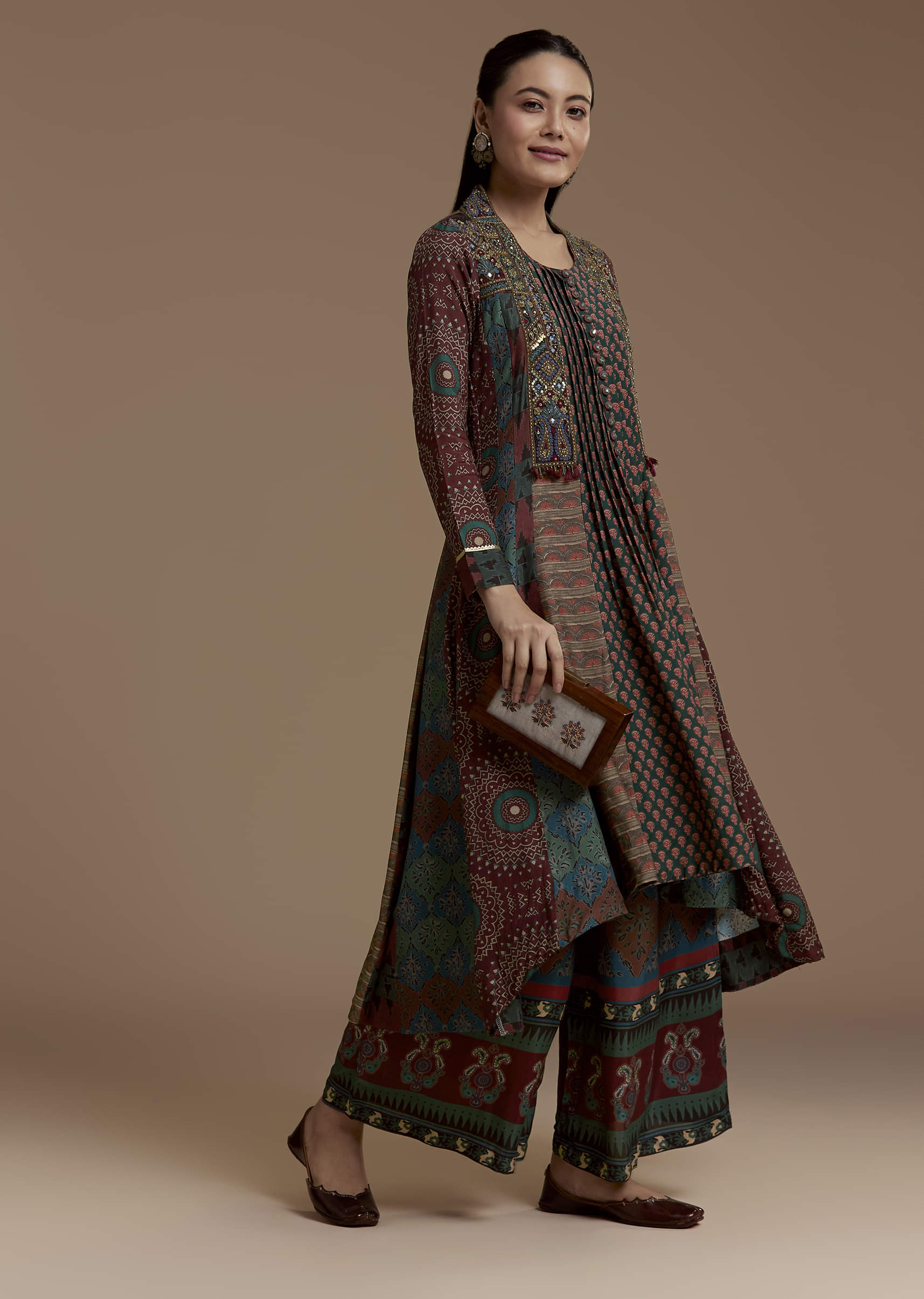 Dark Green Indie Print Muslin Kurta Set with Thread Work