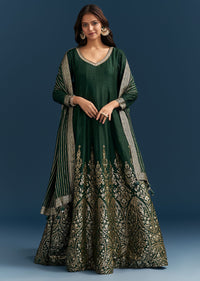 Dark Green Jacquard Silk Anarkali Suit With Festive Jacket Overlay
