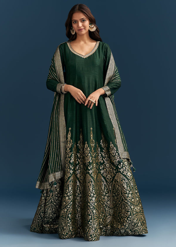 Dark Green Jacquard Silk Anarkali Suit With Festive Jacket Overlay