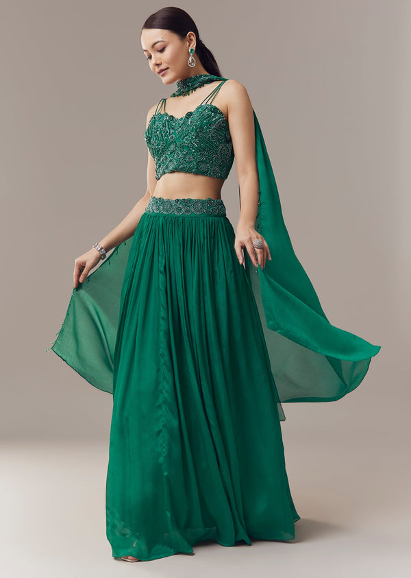 Dark Green Lehenga With Beads Sequins And Cut Dana Work Choli