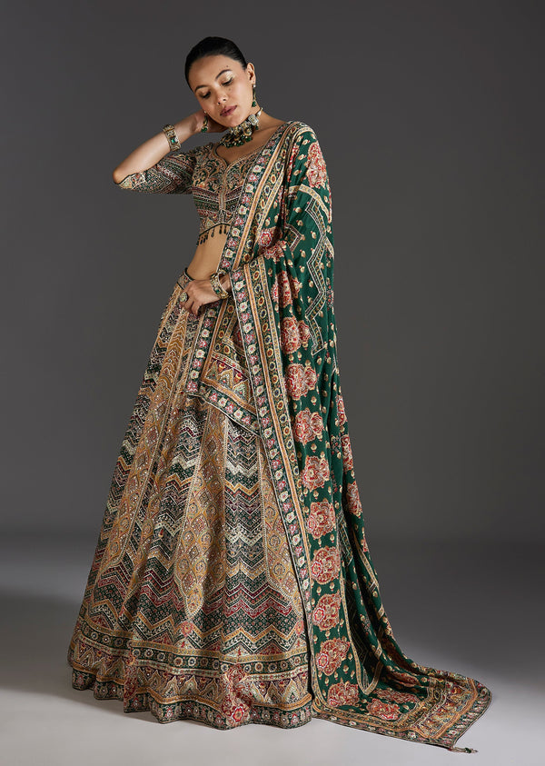 Dark Green Lehenga With Bold Festive Prints