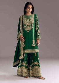 Dark Green Printed Crepe Palazzo Set With Keyhole Neckline