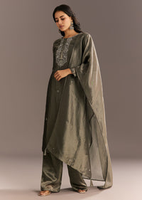 Dark Grey Tissue Kurta Pant Set With Butti Dupatta