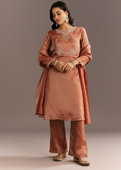 Dark Peach Organza Tissue Kurta Pant With Embroidered Dupatta