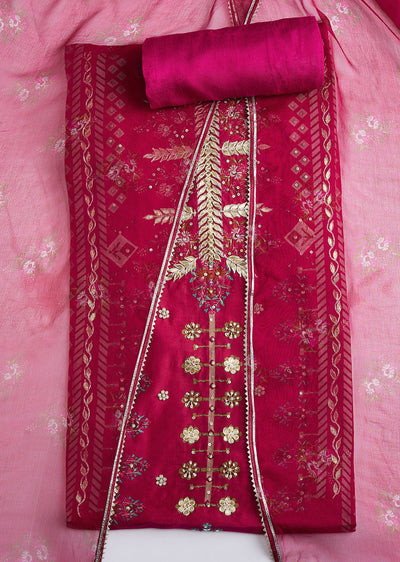 Dark Pink Tissue Dress Material Set With Contrasting Dupatta