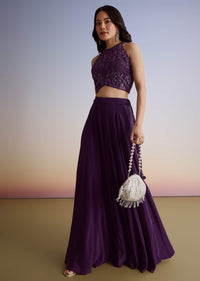 Dark Plum Purple Crepe Croptop Palazzo Suit With Cutdana Sequin Embroidery