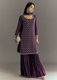 Dark Purple Chinon Sequin Work Kurta Sharara With Dupatta