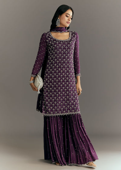 Dark Purple Chinon Sequin Work Kurta Sharara With Dupatta