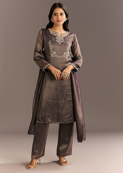 Dark Purple Organza Tissue Embroidered Kurta Pant With Embroidered Dupatta