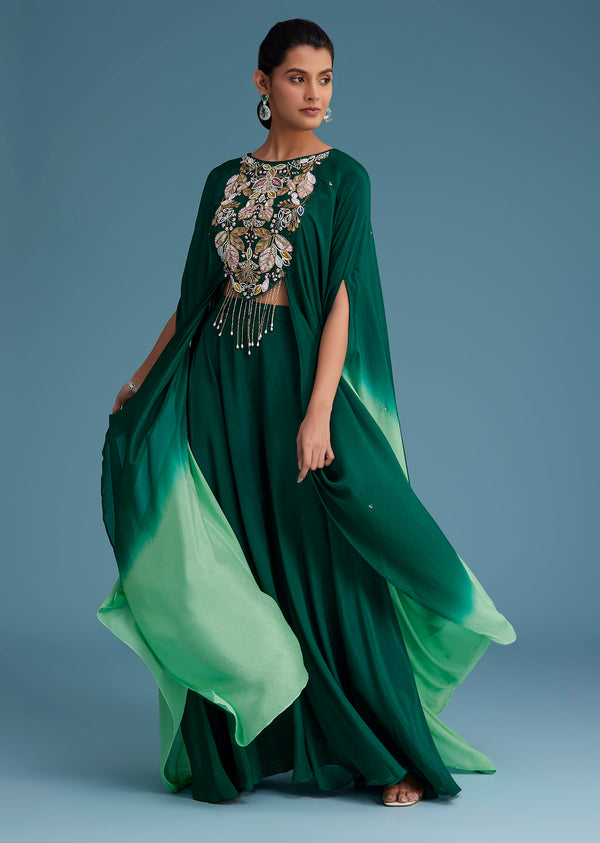 Dark Green Georgette Palazzo Set With Ombre Sleeves