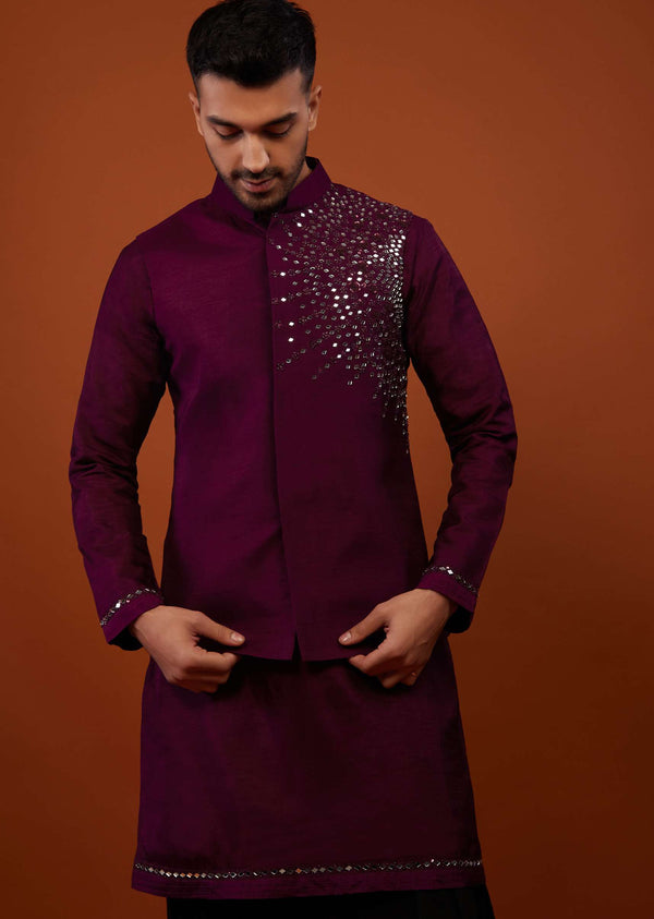 Mulberry Purple Embroidered Cotton Silk Bandi Jacket Set