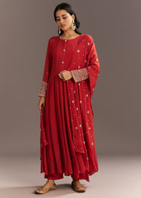 Deep Orange Chinon Kurta With Zardosi Sleeves And Butti Dupatta