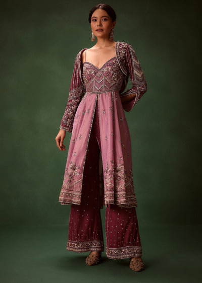Deep Mauve Anarkali Suit Set With Velvet Pants And Embroidered Jacket
