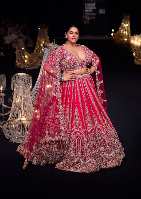 Deep Red Raw Silk Zardosi And Aari Work Lehenga Set With Dupatta
