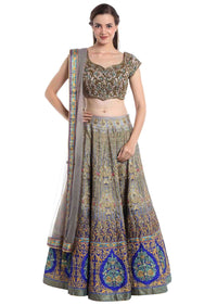 Digital printed grey and blue silk lehenga choli with resham and cut dana only on Kalki