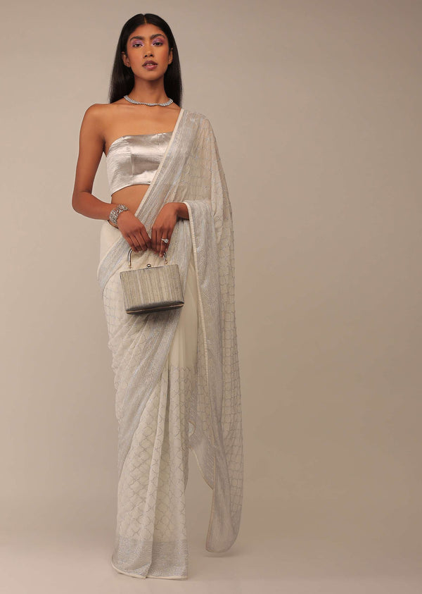 Dove White Saree With Stones Embellishment