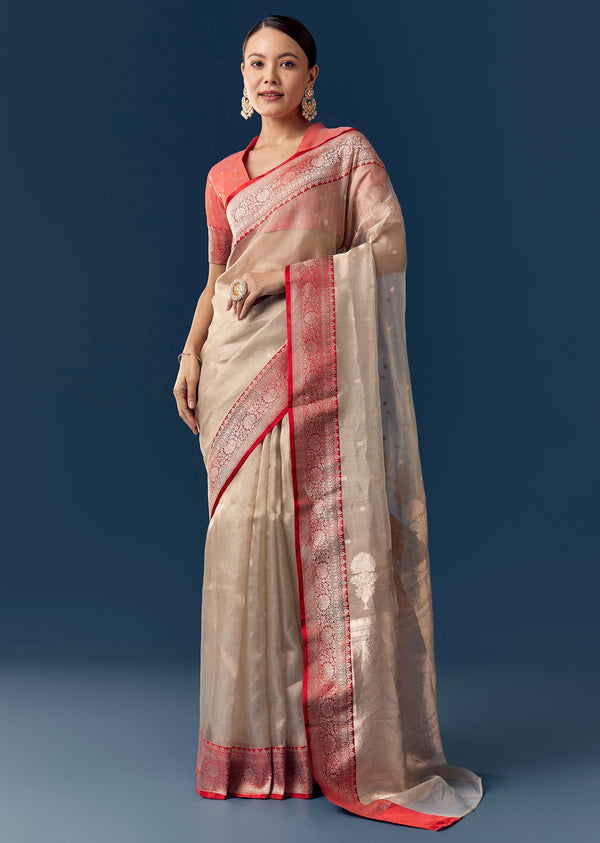 Dusky Beige Tissue Saree with Contrast Red Woven Border