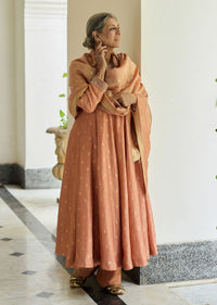 Dusty peach embroidered anarkali paired with pant and dupatta