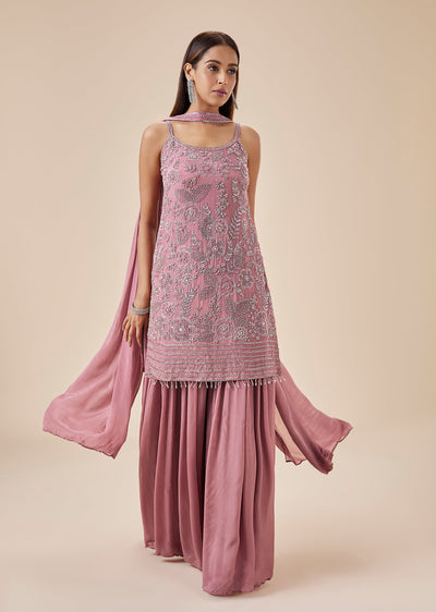 Dusty Pink Chinon Kurta Palazzo Set With Cutdana Embroidery