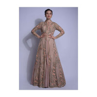 Dusty Pink Skirt And Crop Top With Floral Embellished Net Jacket Online - Kalki Fashion