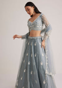 Dusty Blue Embroidered Lehenga Set With Sheer Dupatta