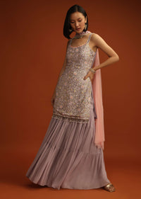 Dusty Lavender Sharara Suit In Georgette With Pastel Colored Resham And Sequins Embroidered Jaal And Cut Dana Fringes