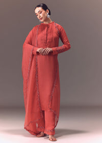 Dusty Rust Organza Kurta Set With Raglan Sleeves