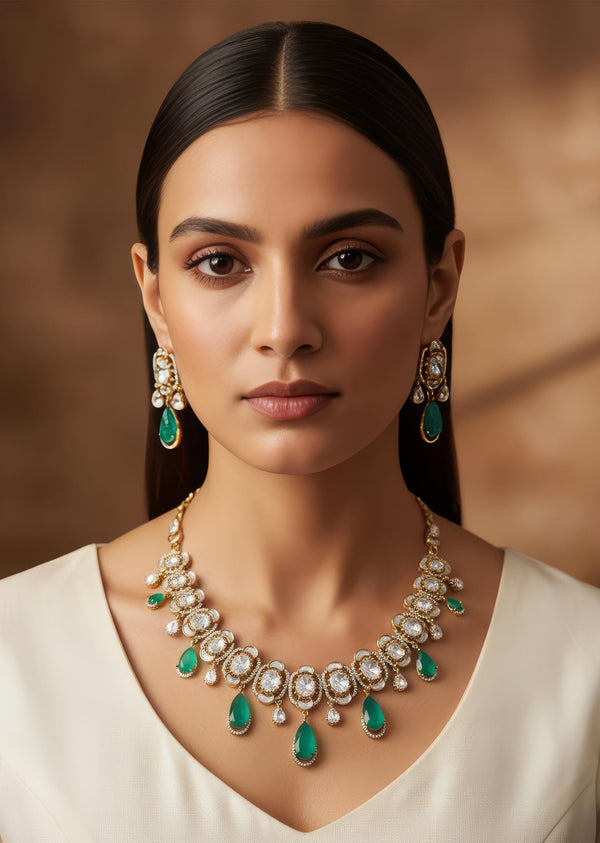 Elegant Green Drop Kundan Necklace Set