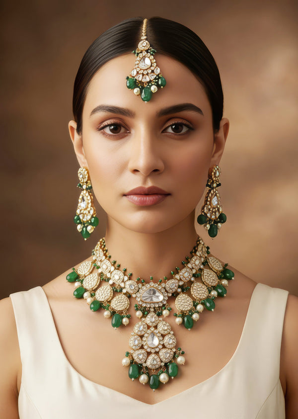 Elegant Kundan And Green Bead Bridal Necklace Set