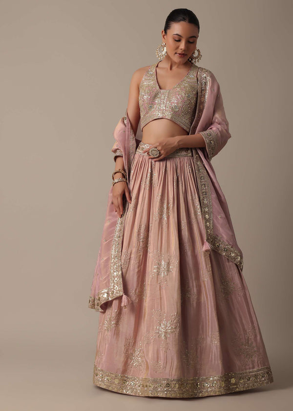 Elegant Pink Lehenga Choli Set With Intricate Embroidery