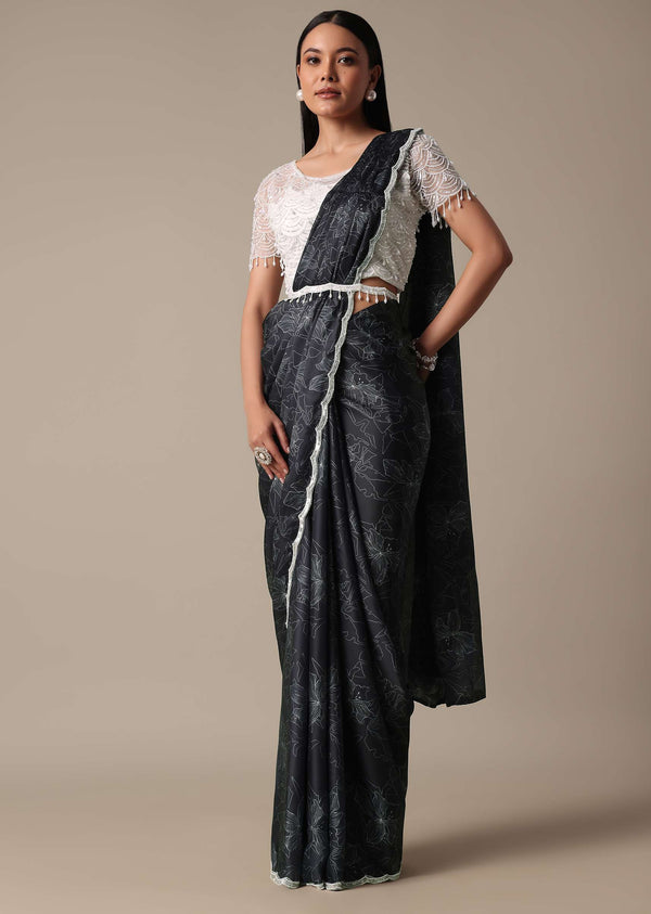 Elegant Ready To Wear Printed Saree With Embellished Ready Blouse