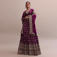 Elegant Wine Crepe Lehenga Set With Zardosi Choli And Heavy Dupatta