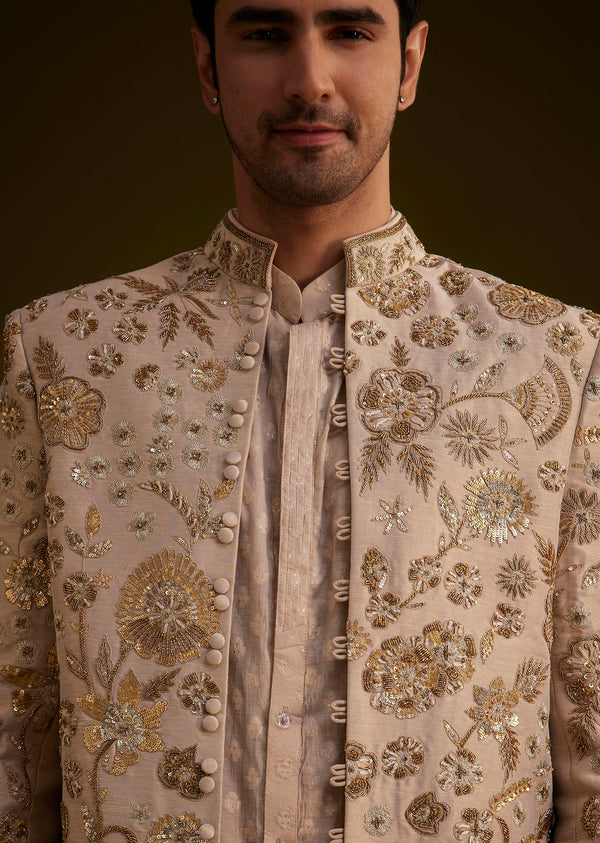 Gold Silk Indowestern Suit With Floral Zardosi Embroidery
