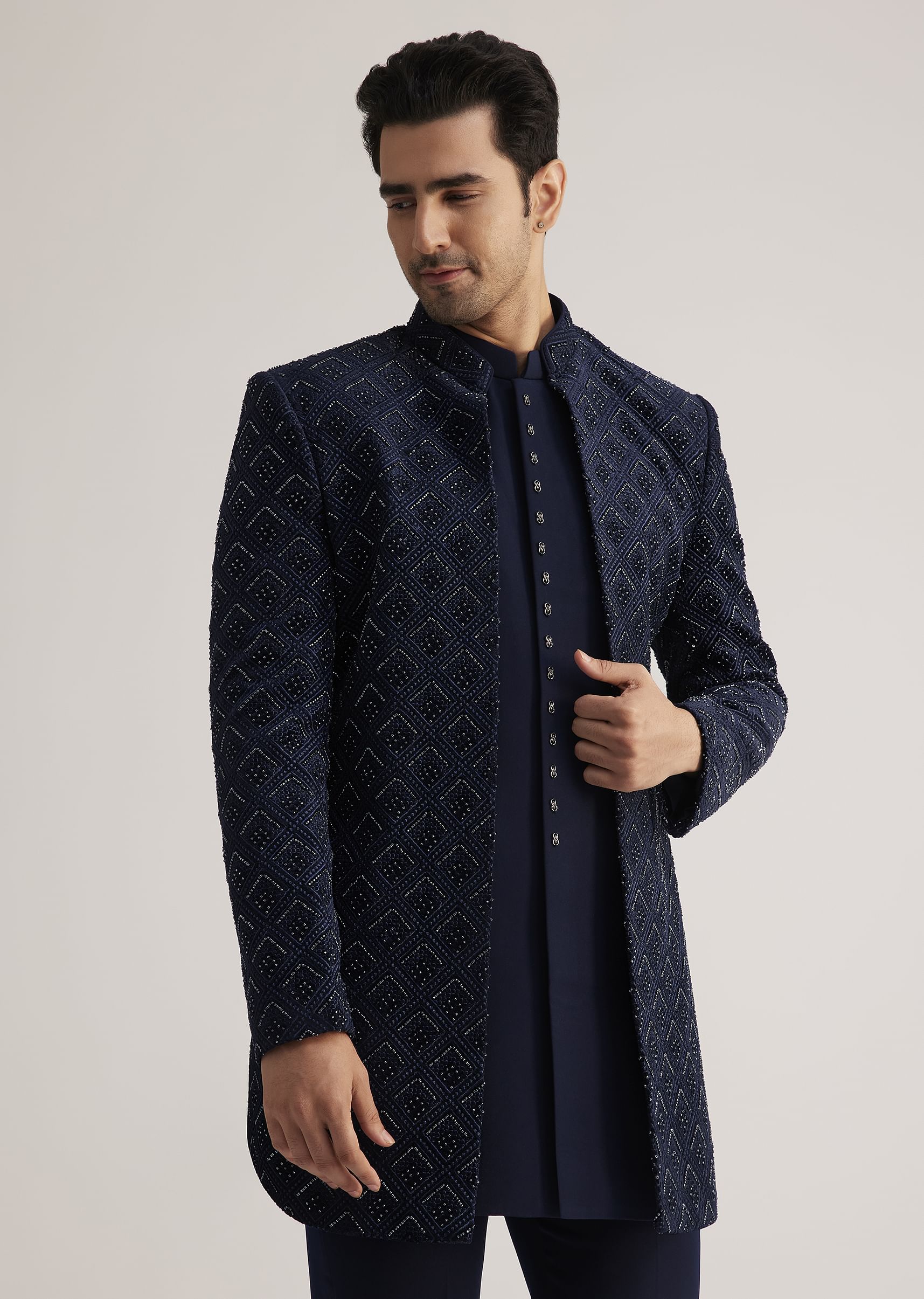 Prussian Blue Sherwani Set With Stone Work Detailing