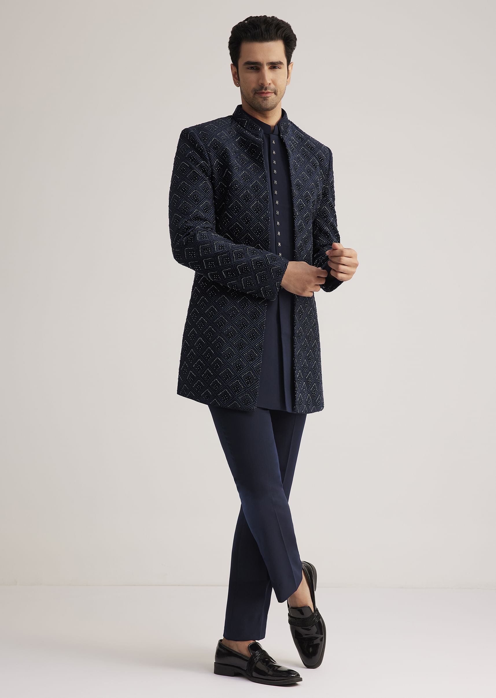 Prussian Blue Sherwani Set With Stone Work Detailing