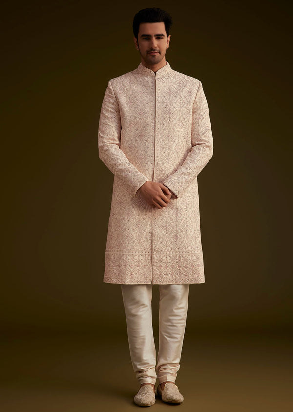 Light Peach Silk Sherwani Set With Dori Pearl And Stone Embroidery