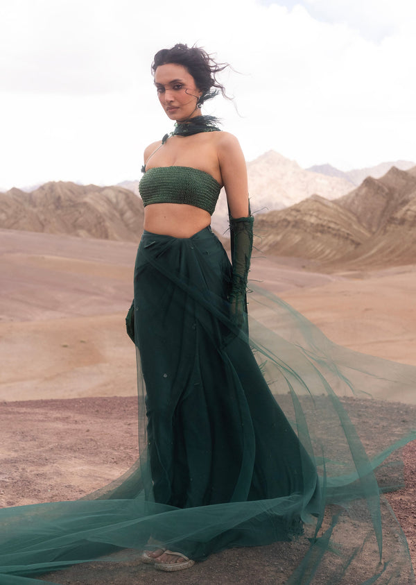 Emerald Green Crystal Drape Indo Western Saree