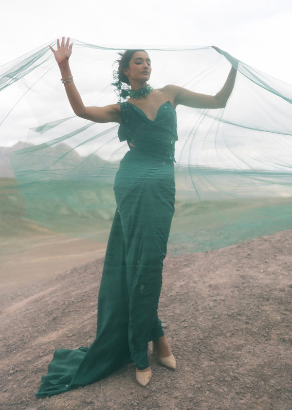 Emerald Green Embroidered Draped Skirt Set