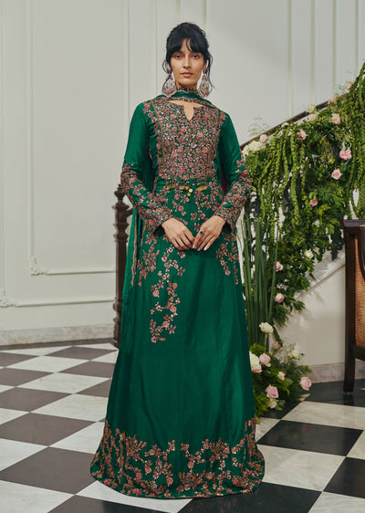 Emerald Green Silk Floral Embroidered Anarkali Set