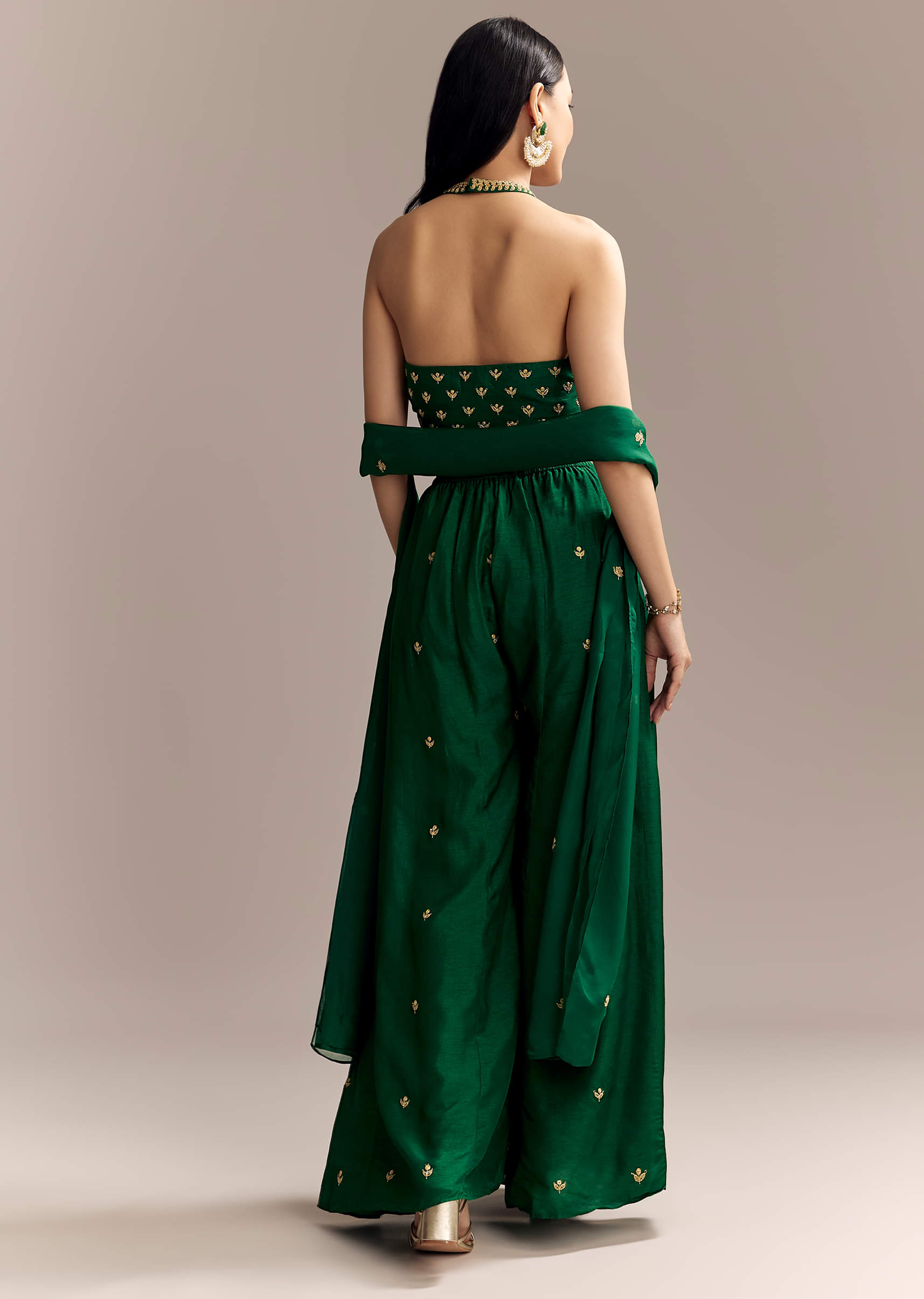 Emerald Green Silk Crop Top And Palazzo Set With Zari Work