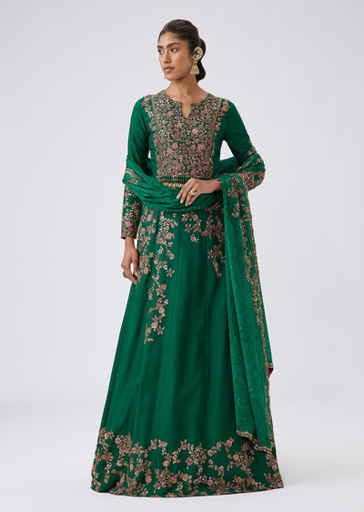 Emerald Green Silk Floral Embroidered Anarkali Set