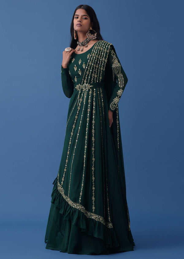 Emerald Green Embroidered Anarkali And Multiway Draped Dupatta Set In Georgette