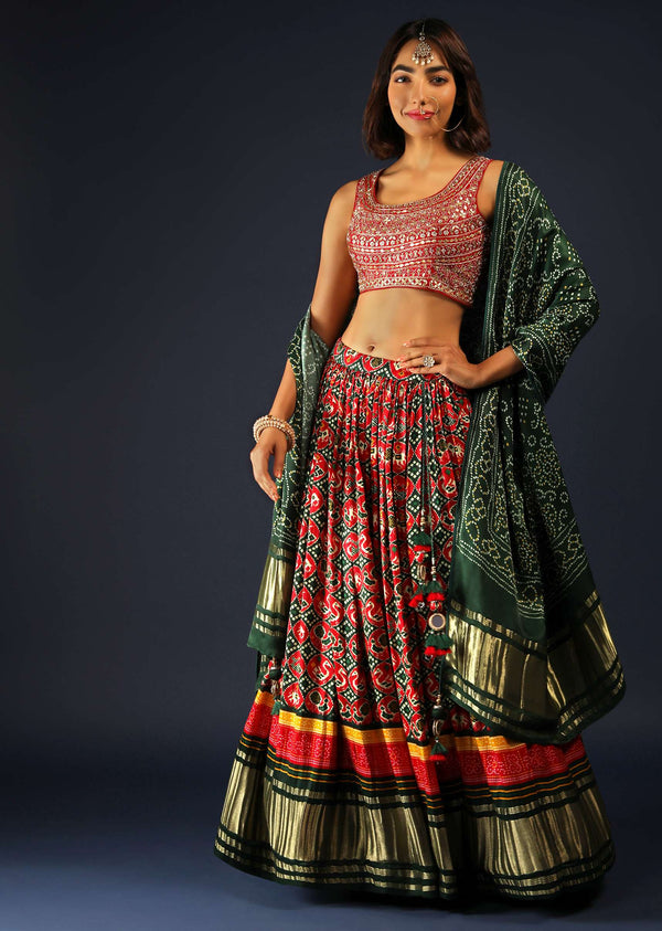 Forest Green And Red Lehenga Choli With Patola Print And Gotta Embroidery