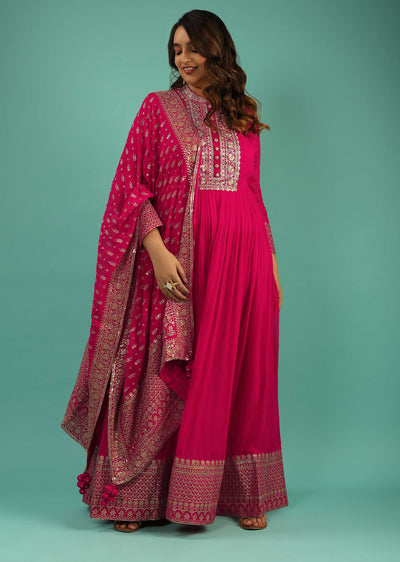 Fuchsia Pink Georgette Anarkali Suit With Zari Embroidery And Zardozi Work