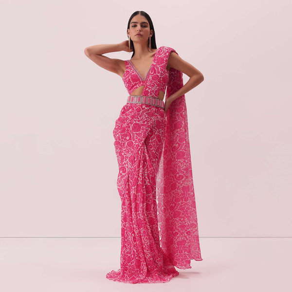 Fuchsia Pink Pre-Stitched Printed Saree In Georgette With Hand-Embroidered Belt