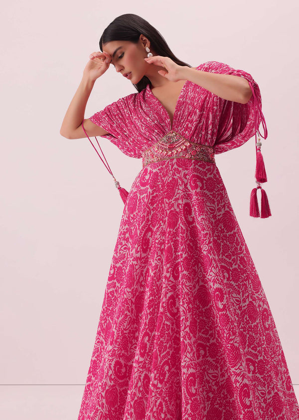 Fuchsia Pink Printed Gown With Hand Embroidery And Kaftan Sleeves