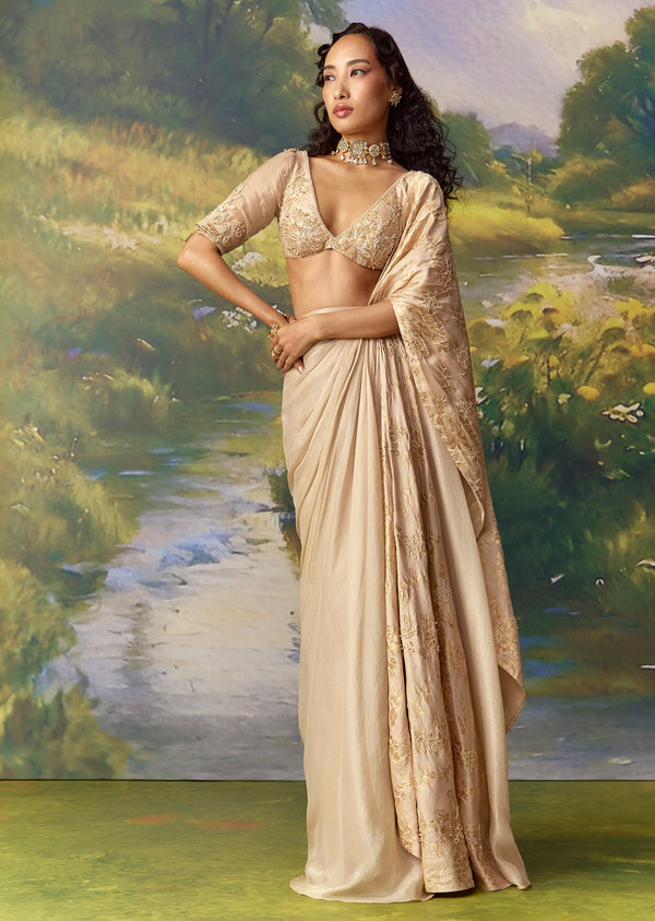 Gold Banarasi Silk Ready Pleated Saree And Blouses