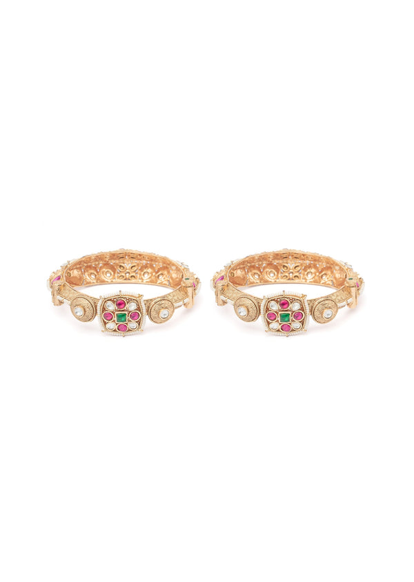 Gold Bangles With Floral Motifs And Ruby Emerald Stones
